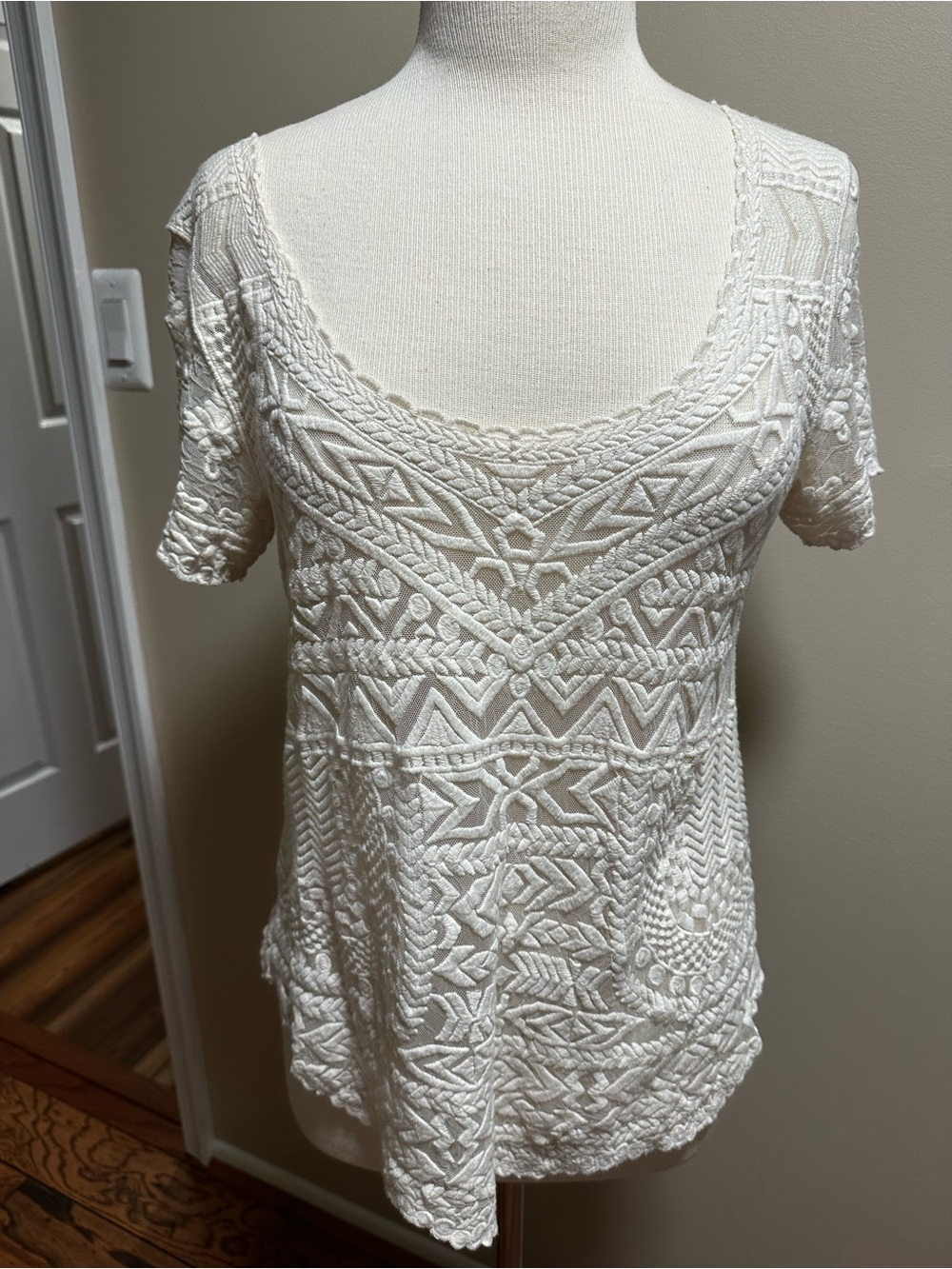 Meadow Rue Cream Crochet Short Sleeve Scoop Neck Top